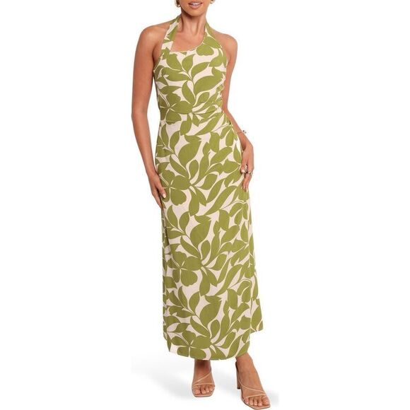 Petal & Pup Women's Green White Tropical Halter Open Back Maxi Dress Large NWOT Petal & Pup Women's Green White Tropical Halter Open Back Maxi Dress Large NWOT
